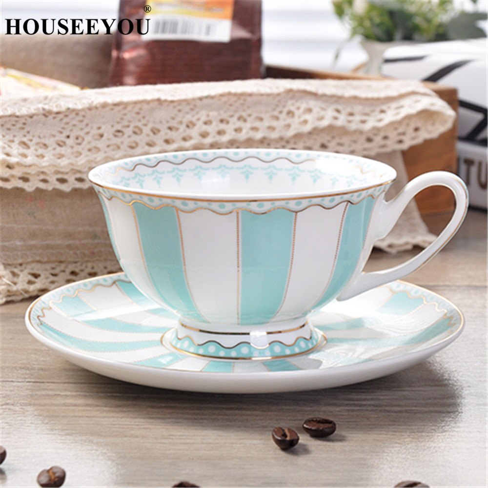 HOUSEEYOU European Rainbow Bone China Coffee Cup Teacups Saucer Set Ceramic Cup Advanced Porcelain Valentine Tea Cup: blue