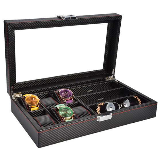 Caja de madera para reloj de lujo con 6 + 3 rejillas, caja para gafas, caja organizadora para joyería, caja de joyería para ver la caja: carbon fiber red