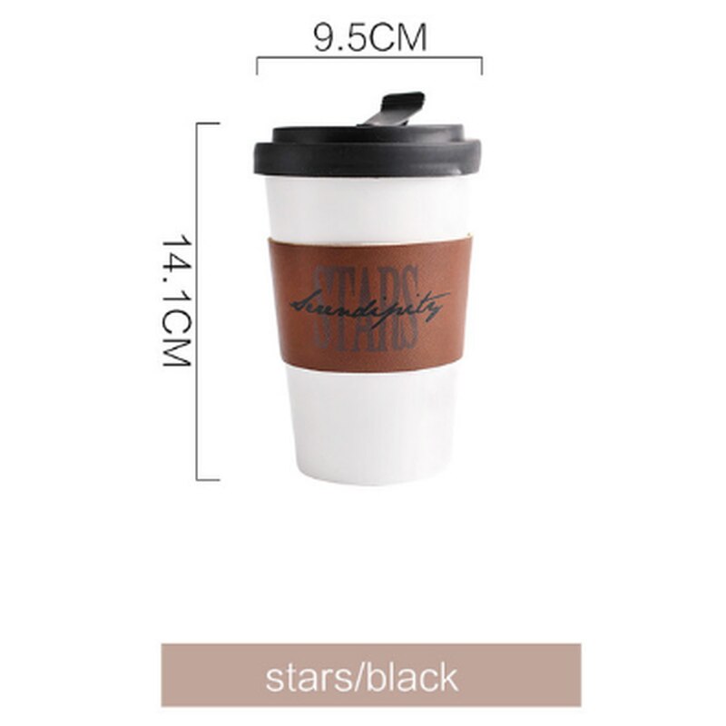 400ml keramiske kaffekrus te kopper store rejsekrus camping krus kaffekop med isoleret læder  wj826: Stjerner sort låg