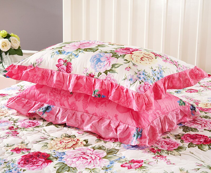 Floral Cotton Ruffle Bedspread Mattress Cover Princess Bedding Bed Skirt &amp; Cotton Ruffle Pillowcase Rose Flower Spring Autumn