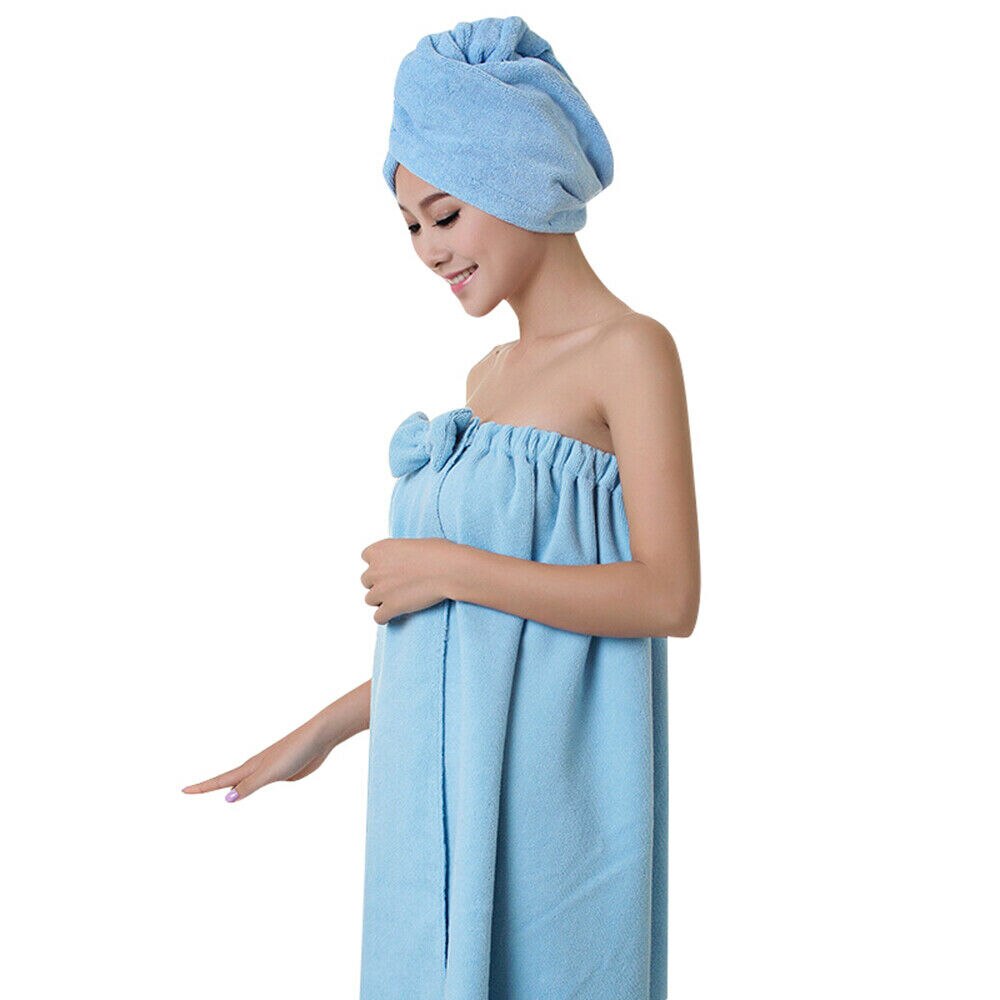 Letvægts hurtigtørrende badekåbe og hovedhåndklæde turbansæt spa blød bruser mikrofiber wrap hovedhætte badekåbe: Blå