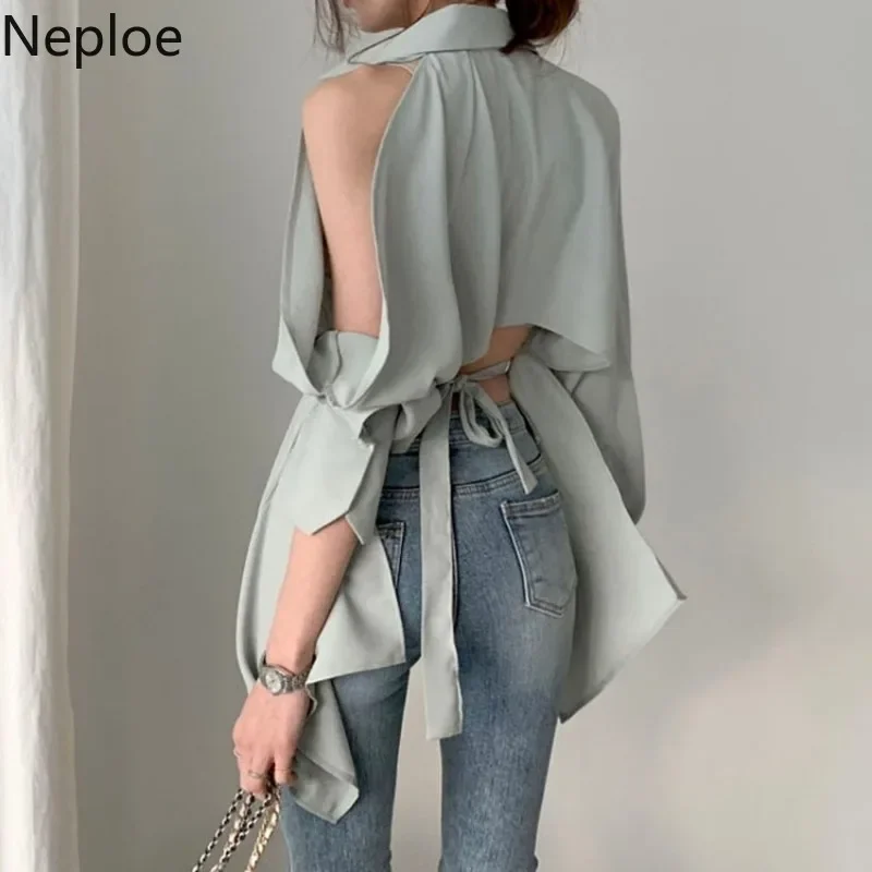 Neploe Frauen Bluse Neue Dame Aushöhlen Drehen Unten Kragen Hemden Blusa aus Schulter Frühling Sommer 2025, Solide Spitzen 1A822
