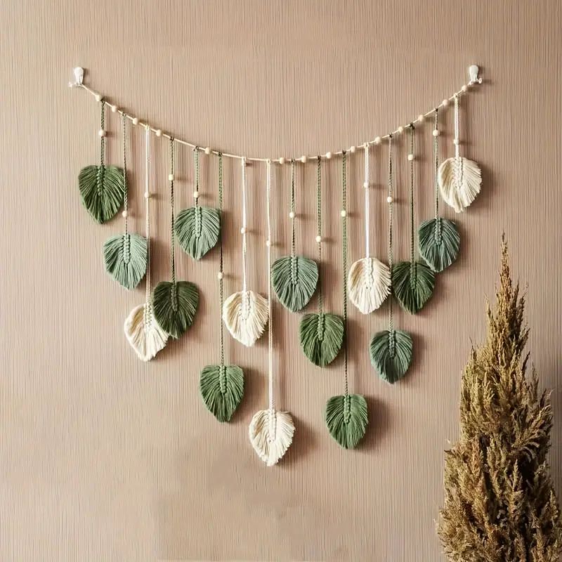 Boho Home Decoration, Macrame Tapestry Macrame Leaf Feather Muur Hangende Decor voor Woonkamer Slaapkamer, Boho Wall Art Home Decor: Light Grey