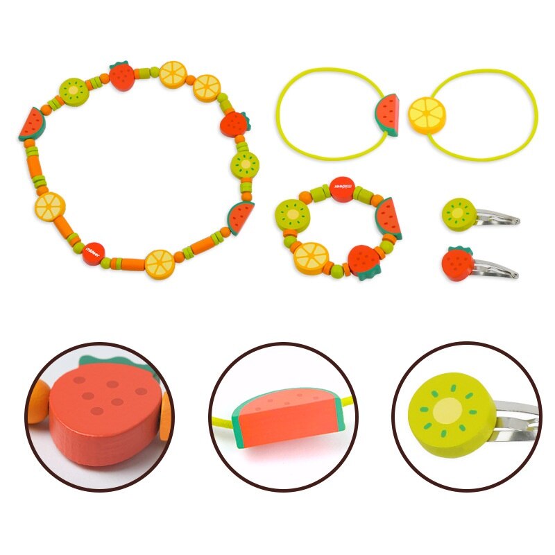 Jouet pour enfants collier fille jouer maison en bois ensemble de bijoux Simulation en bois collier ensemble épingle à cheveux enfants cheveux cravate Bracelet