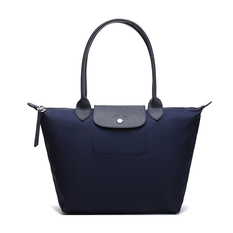 Bolso de compras grueso con mango largo para mujer, bolsa de hombro grande, plegable, de gran capacidad, largo y mediano: Large navy