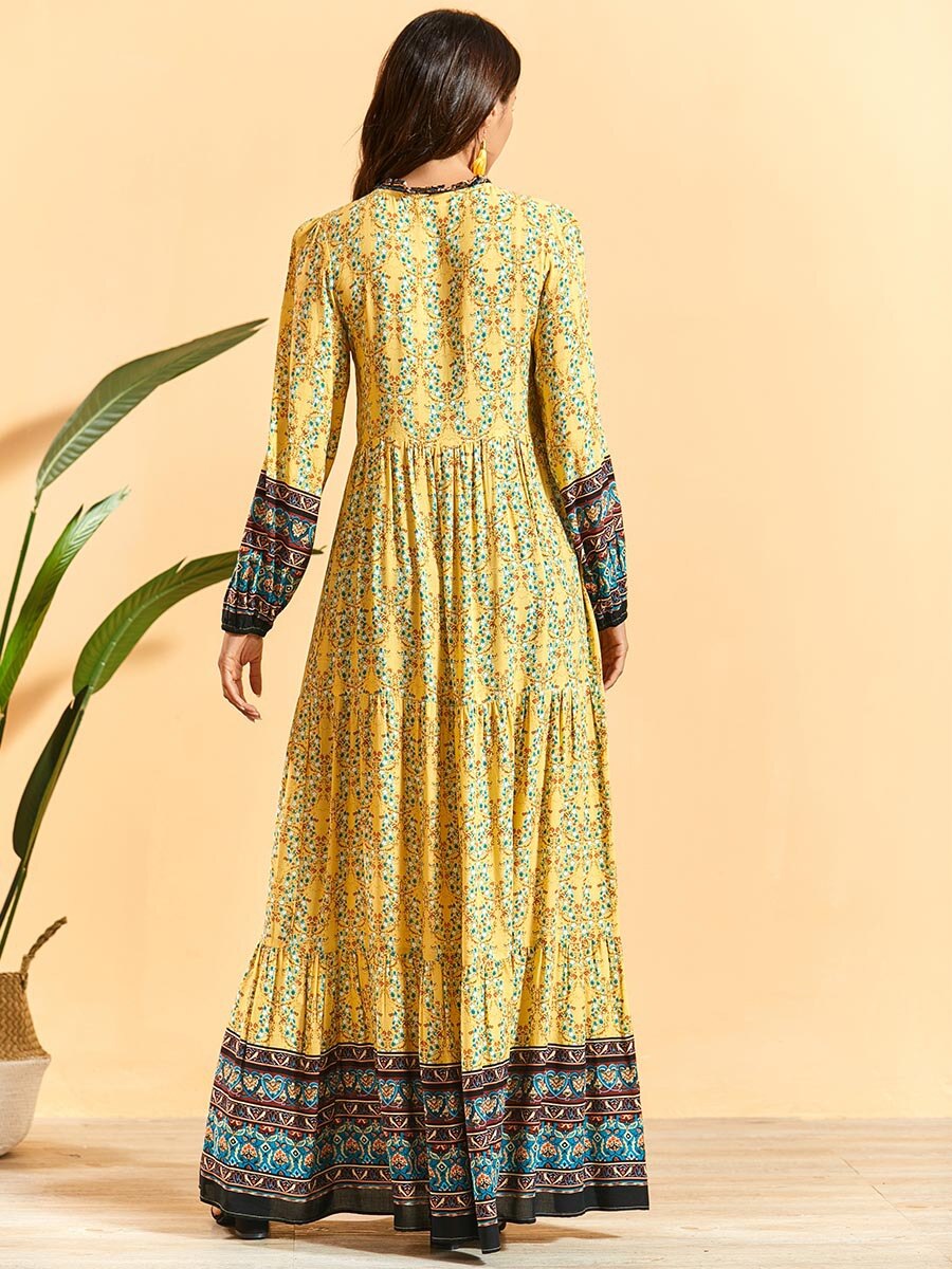 Dubai Turkey Muslim Dress Women Print Floral Big Swing Slim Maxi Hijab Dresses Islamic clothing Moroccan Elbise Abaya Kaftan