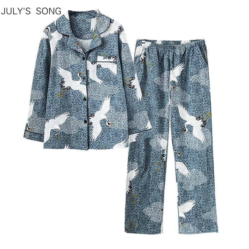 Julis sang 2 stykker trane kvinder pyjamas sæt bomuld dyre revers tryk revers blødt langærmet forår efterår nattøj