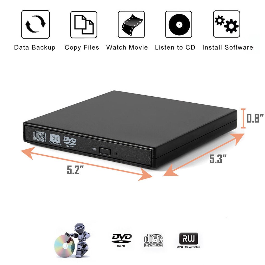 Reprodutor externo de cd/dvd rom usb 2.0, unidade óptica de dvd, leitor e gravador de dvd rw, laptops, pc, windows 7/8/10