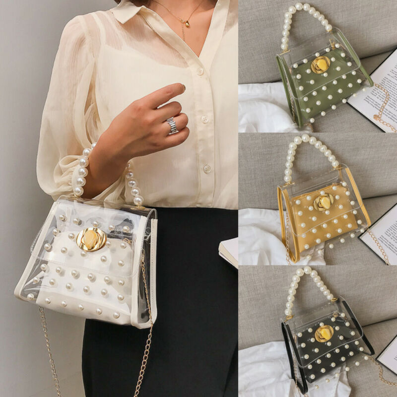 Mulheres PVC Transparente Claro Pérola Geléia Sacola Saco Do Mensageiro Bolsa Ocasional