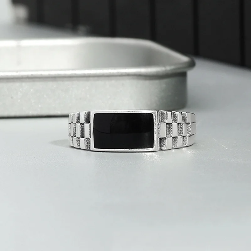 último anillo rectangular negro de cristal, accesorios para dedos de boda para hombre, anillo cuadrado clásico, joyería de plata 925 para hombre ajustable