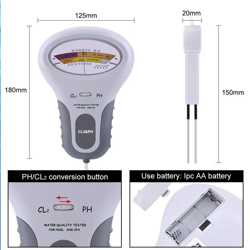 2 in 1 Chlorine And PH Meter Swimming Pool Tester CL2 Level Meter Test Spa Water Meter Monitoring Detector Analyzer