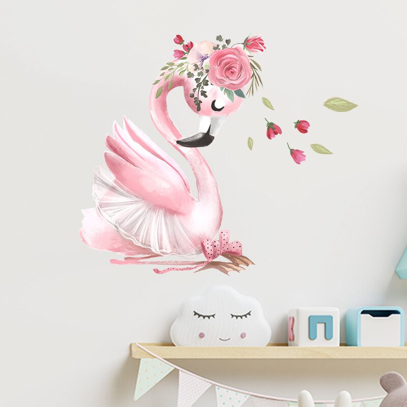Cartoon Pink Swan Flower Wall Stickers Baby Kids Room Wall Decoration Wallpaper Girl Bedroom Living Room Nursery Stickers Decals