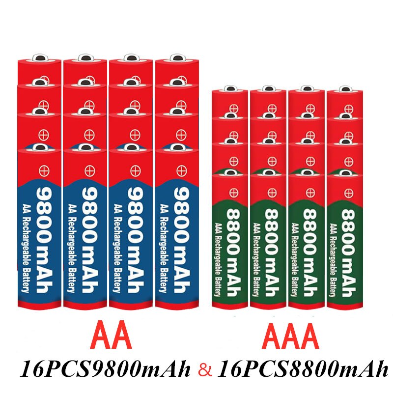 1.5v aa 9800 mah +1.5v aaa 8800 mah alkaline 1.5v uppladdningsbart batteri för klockleksaker kamerabatteri: Svart
