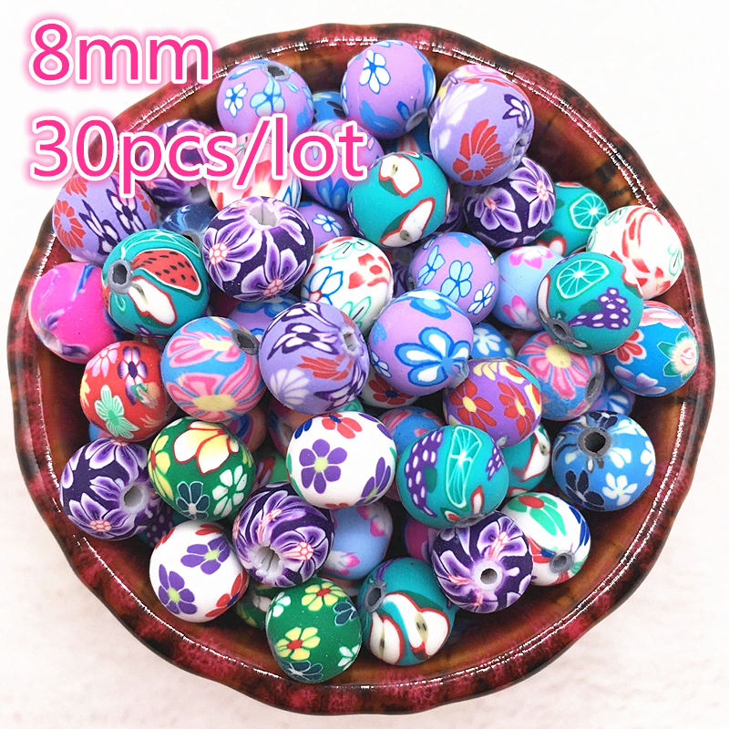 30 Pcs 8 Mm Polymer Clay Bloem Patroon Afdrukken Kralen Ronde Losse Kralen Mix Kleuren Voor Make Sieraden