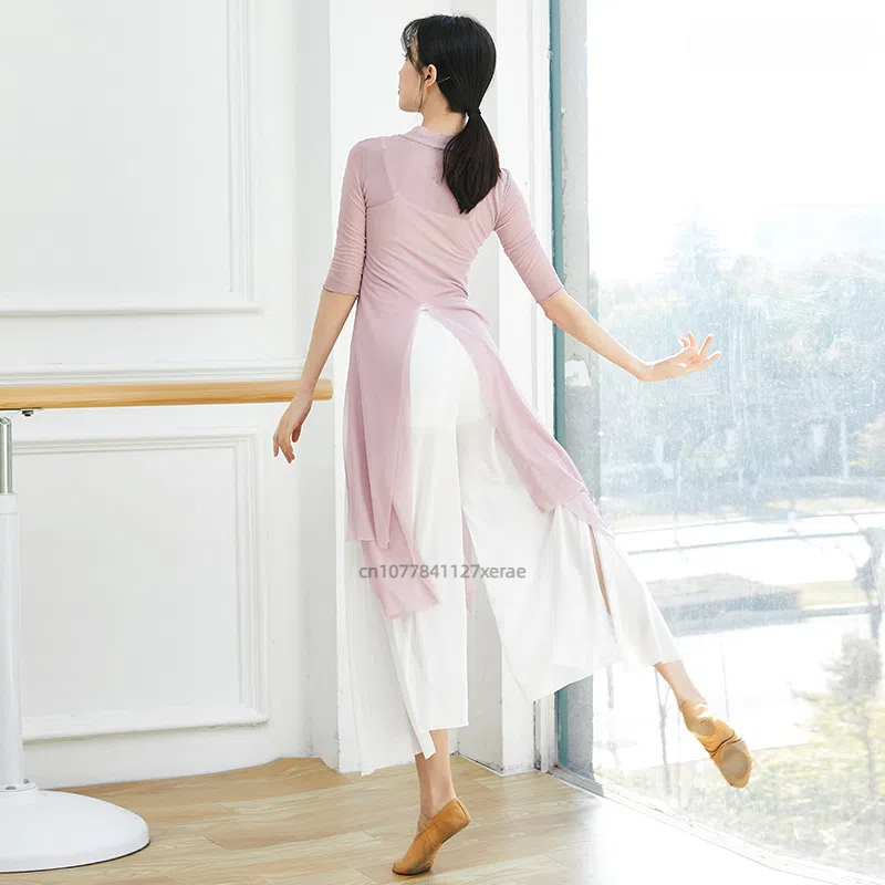 Chinese Style Modern Dance Practice Hanfu Medium Long Women's Classical Ethnic Double Layered Slit Gauze Clothes