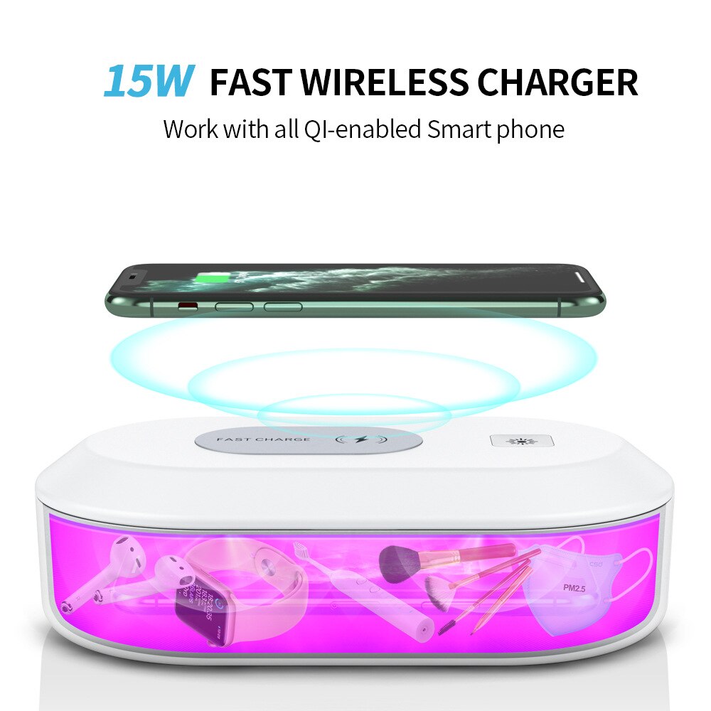 UV Light Sanitizer Box Portable Phone Cleaner Multi-function Ultraviolet Disinfection Box Wireless Charger for Nail Tweezers Box