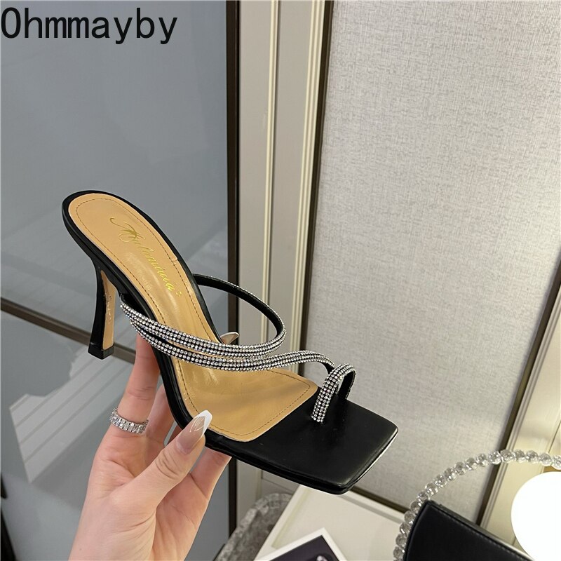 Sandales en cristal pour femmes, pantoufles à talons hauts, chaussures à la , Mules à bout carré, diapositives, 2022
