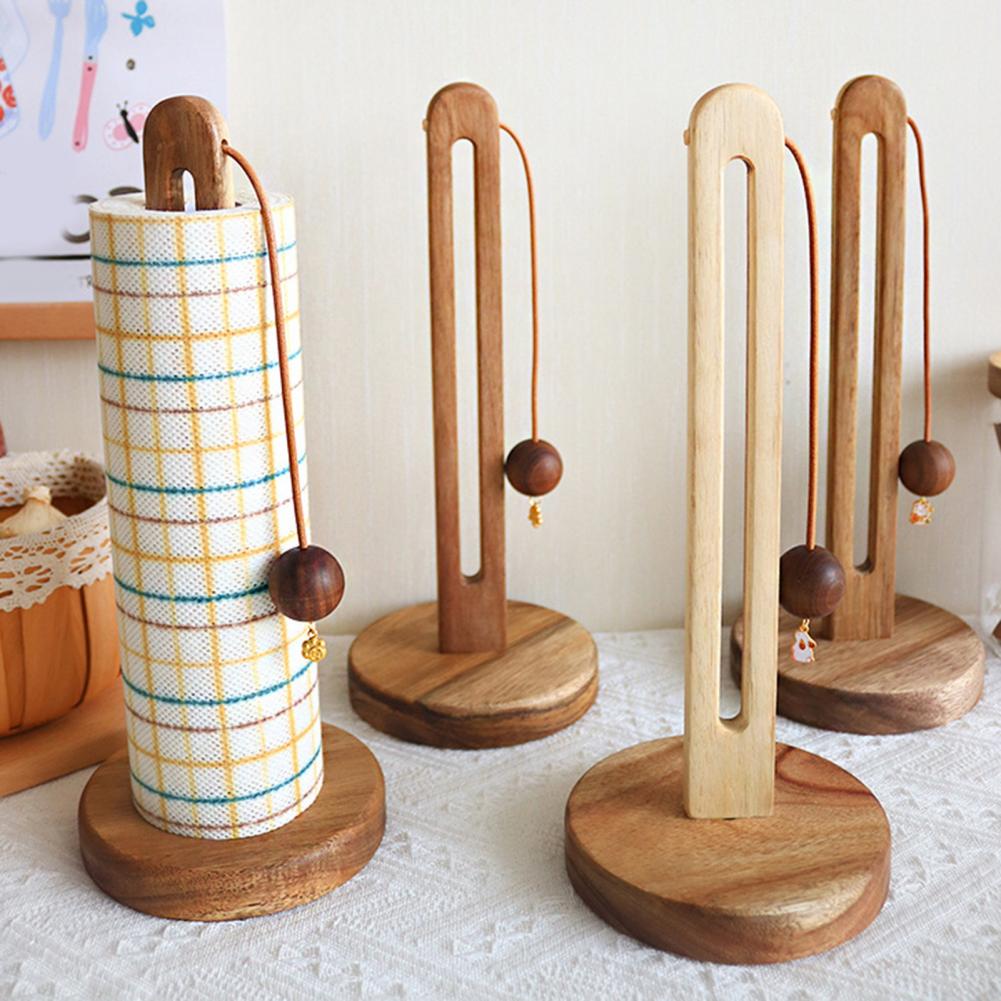 Kitchen Countertop Paper Towel Holder with Anti-Slip Wooden Base DIY Installation Standing Paper Towel Roll Stand Tissue Holder