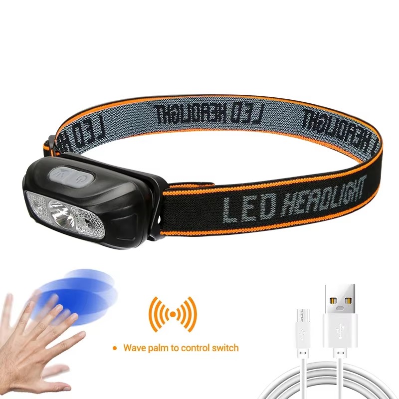 Mini genopladelig led-forlygte kraftfuld induktiv pandelampe hvidt og rødt lys udendørs camping fiskeri nødarbejdslampe: Gul