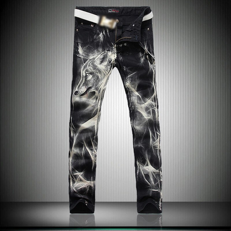Men`s Printed Jeans Punk Style Gothic Painted Cotton Straight Leg Cool Jeans for Young Men