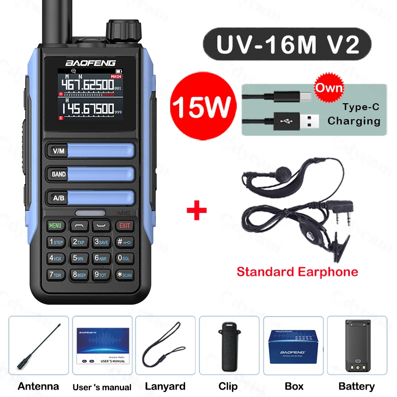 Upgrade Baofeng UV16M V2 Walkie Talkie 15W High Capacity AM FM 2-Way Radio Full Band LCD 999CH Frequency Copy NOAA Noise Reduce: SKY BLUE