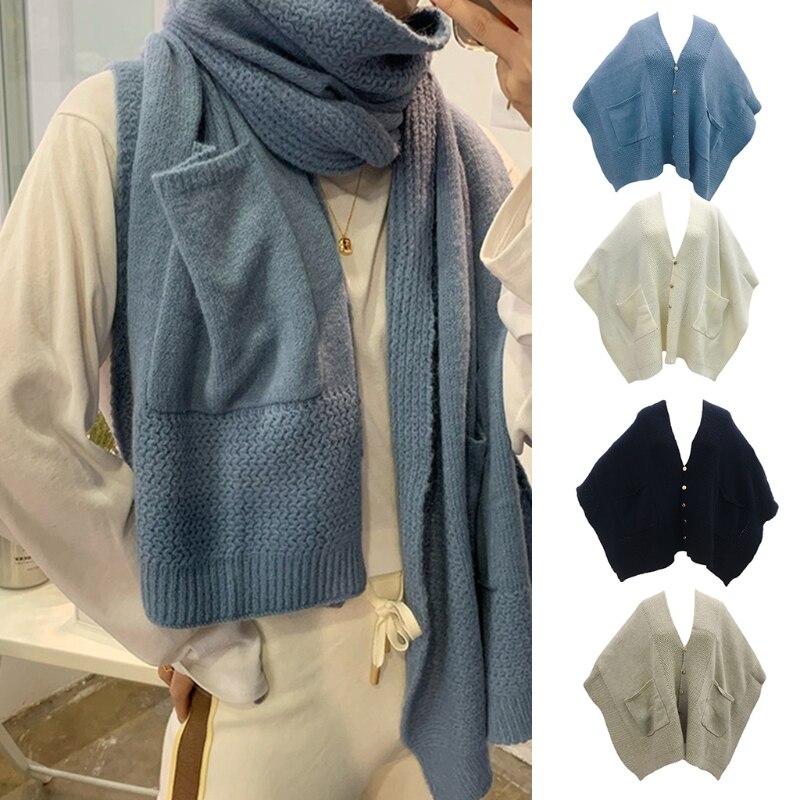 Koreaanse dames winter gebreide oversized poncho deken cape met grote zakken aan de voorkant effen kleur sjaal wikkel trui met knoopjes ca