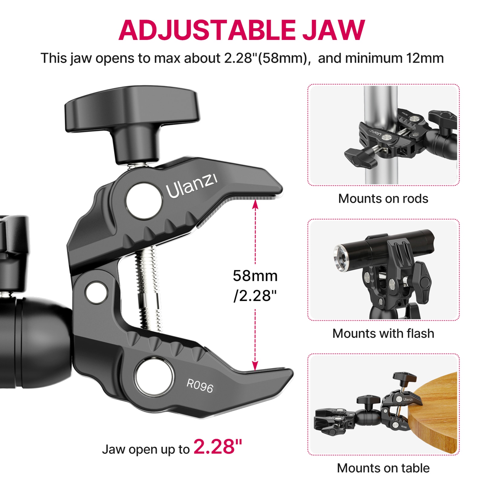 Ulanzi – Super pince métallique R094/ R096, avec bras magique à Double tête sphérique, vis 1/4 ", filetage 3/8", pour montage de caméra et moniteur de lumière