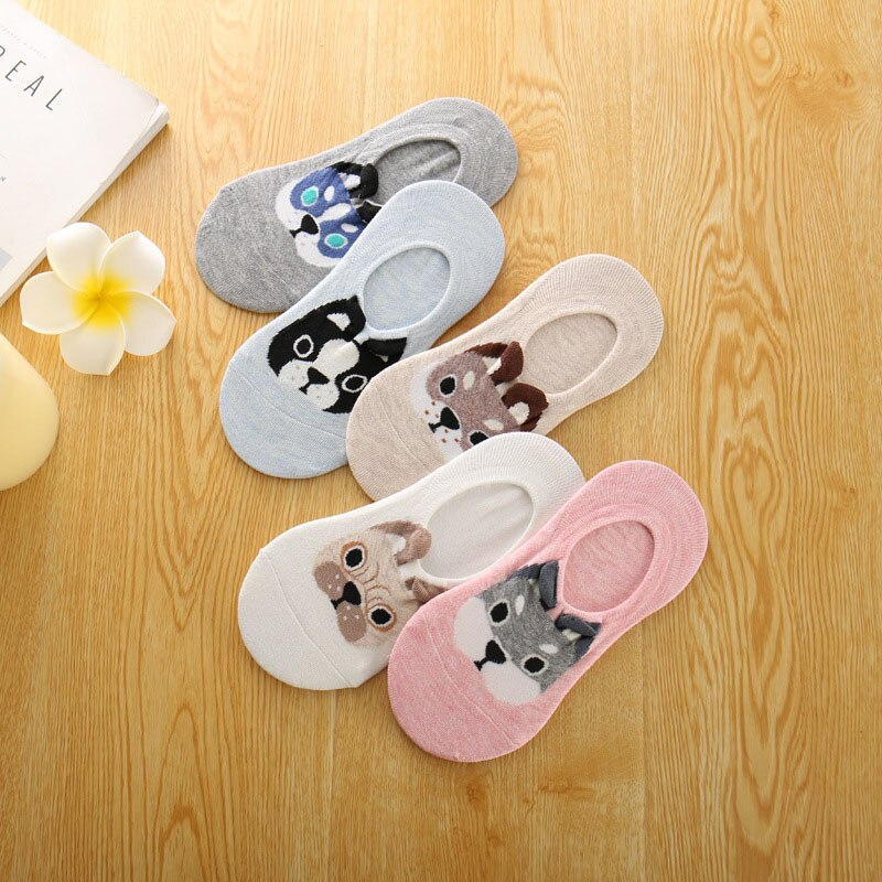 Urgot 5 Pairs Womens Socks Invisible Cute Three-dimensional Cartoon Dog Short Socks Silicone Anti-skid Female Cotton Socks Meias: F Random mixing