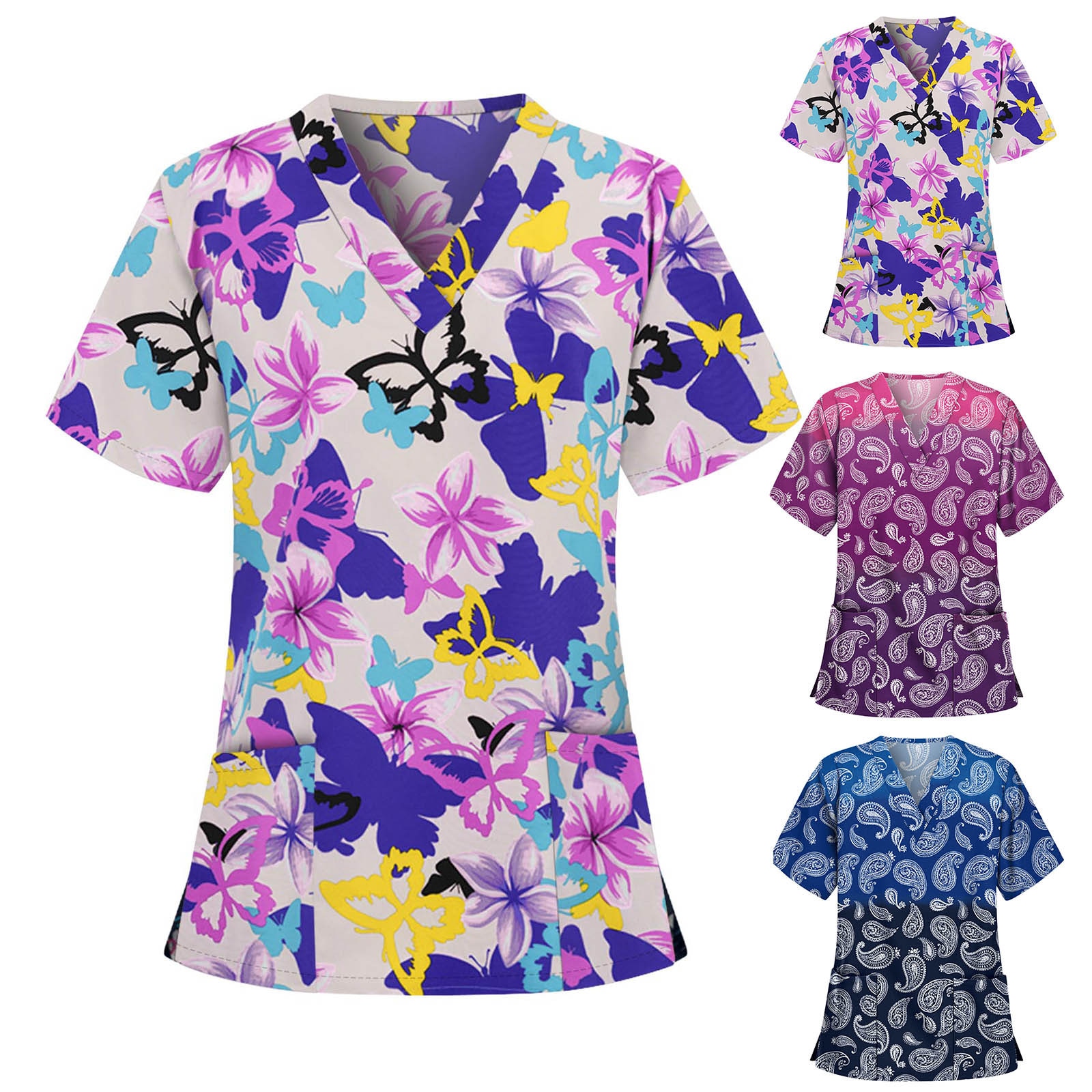 Summer Women T Shirt Heart Print Nursing Scrubs Tops V-Neck Short Sleeve Work Uniforms Health Services Clothes