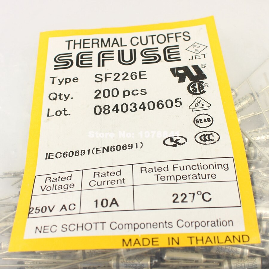 10 Pcs Per Lot Microtemp Thermal Fuse 227 Degree TF Cutoff 250V 10A SF226E