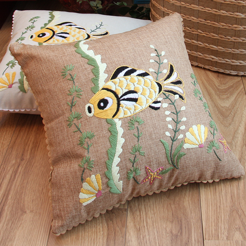 Kits de bordado de flores de pez, fundas de almohada de cáñamo, kits de punto de cruz, artesanías hechas a mano, costura, arte, decoración del hogar