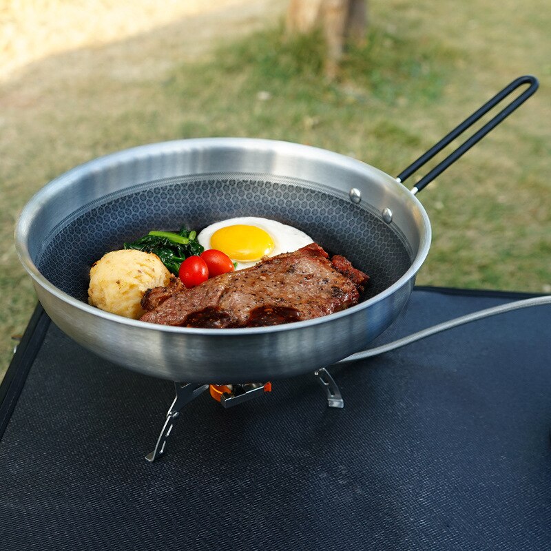 Outdoor Stainless Steel Non-Stick Frying Pan Folding Handle Wok Pan Skillet Griddle Camping Kitchen Outdoor Cooking Pot Cookware