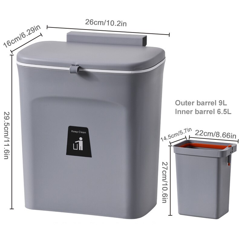 7/9L Kitchen Trash Can Wall Mounted Garbage Bin Recycling Garbage Basket Waste Bin Cabinet Door Hanging With Lid For Bathroom: 9L Grey With Liner