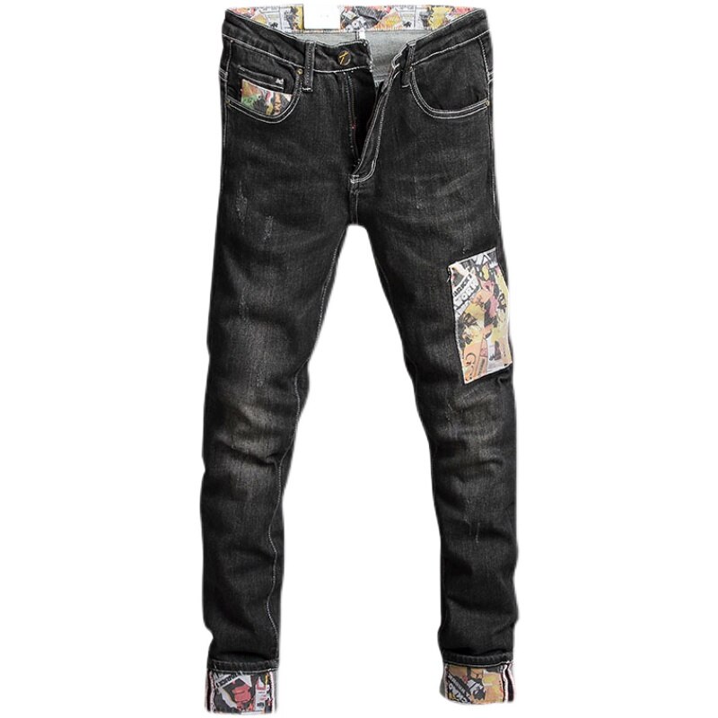 Koreaanse Stijl Mode Mannen Jeans Retro Zwarte Elastische Slim Fit Ripped Jeans Mannen Streetwear Patches Hip Hop Denim Broek