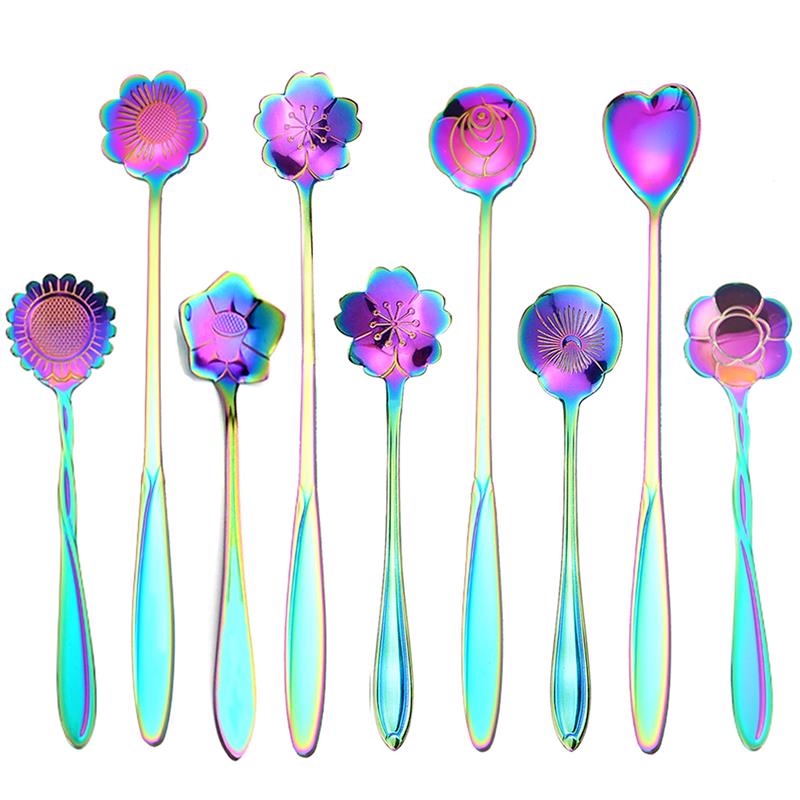 9pcs Stainless Steel Flower Shape Scoop Beverage Stirring Mixing Spoon with Handle Fruit Scoop Kitchen Dinnerware Coffeeware