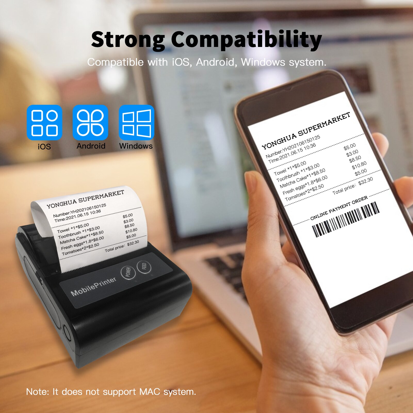 Aibecy – imprimante thermique pour tickets de caisse, Portable, avec batterie Rechargeable, 80mm, compatible ESC/POS
