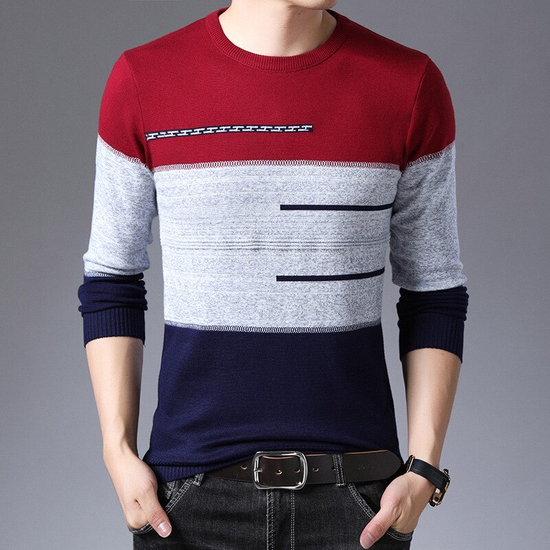 Høst vinter genser herre rund krage stripete bomullsgensere slim fit pull homme strikk 2022: Rød / Xxl