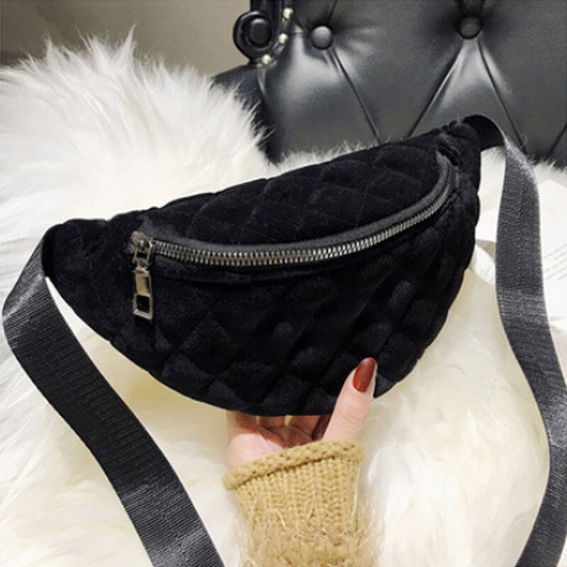 neue Stil Frauen Bum Tasche Fanny Pack Taille Gürtel Beg Telefon Fall Gürtel Geld Geldbörse Nieten Tasche Flanell Solide dame Zipper Tragbare: Black