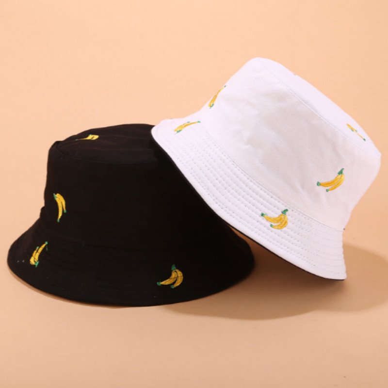 Banaan Omkeerbare Emmer Hoed Hip Hop Vrouwen Twee Side Dragen Fruit Borduurwerk Lente Panama Vrouwelijke Katoen Vissen Zomer Hoed Zonnehoed: white black