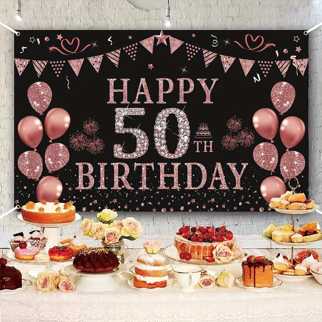 Female 50th Birthday Decoration - Rose Gold 50th Birthday Banner Background 50th Birthday Party Supporting Photography