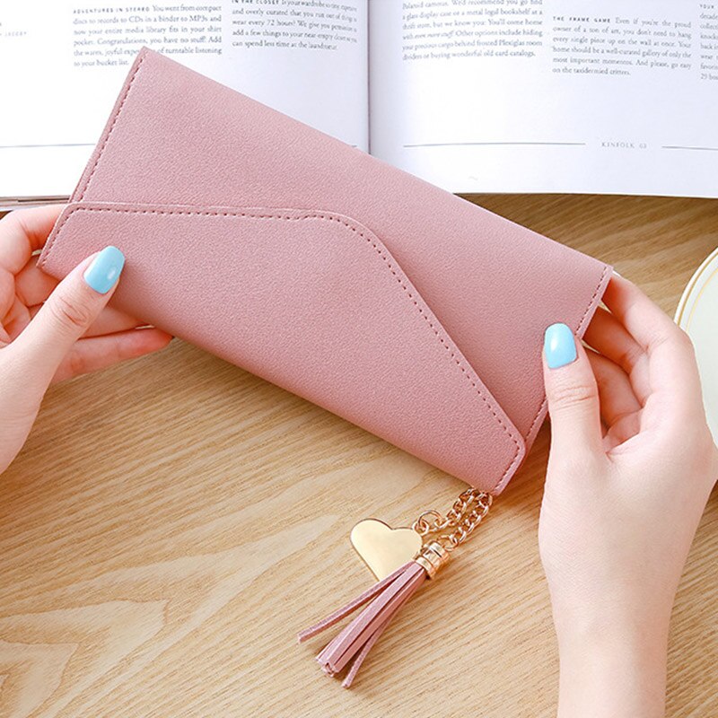 Women Leather Slim Wallet Long Trifold Credit Card Holder Organizer Purse Tassel Coin Purse Card Holder