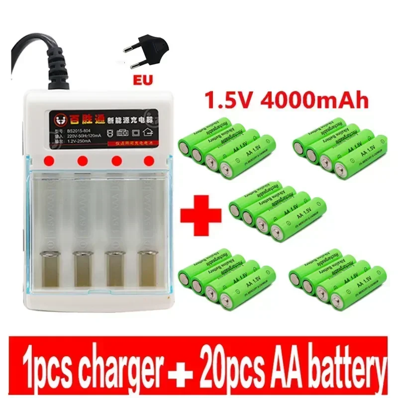 100% AA battery 4000mAh rechargeable battery AA 1.5V Rechargeable Alcalinas drummey +1pcs 4-cell battery charger: Blue