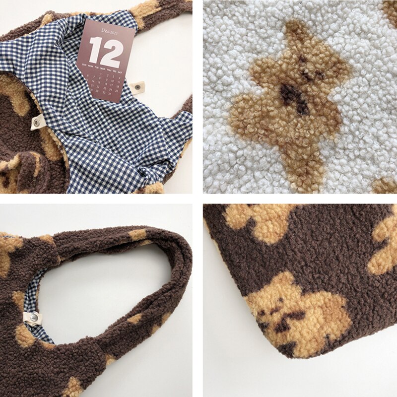 TrendyGal Ins Style Lait Double Face en Coton Sacs À Bandoulière avec Ours Imprimés Printemps Femmes Décontracté Fourre-Tout À Carreaux Style Sacs À Main