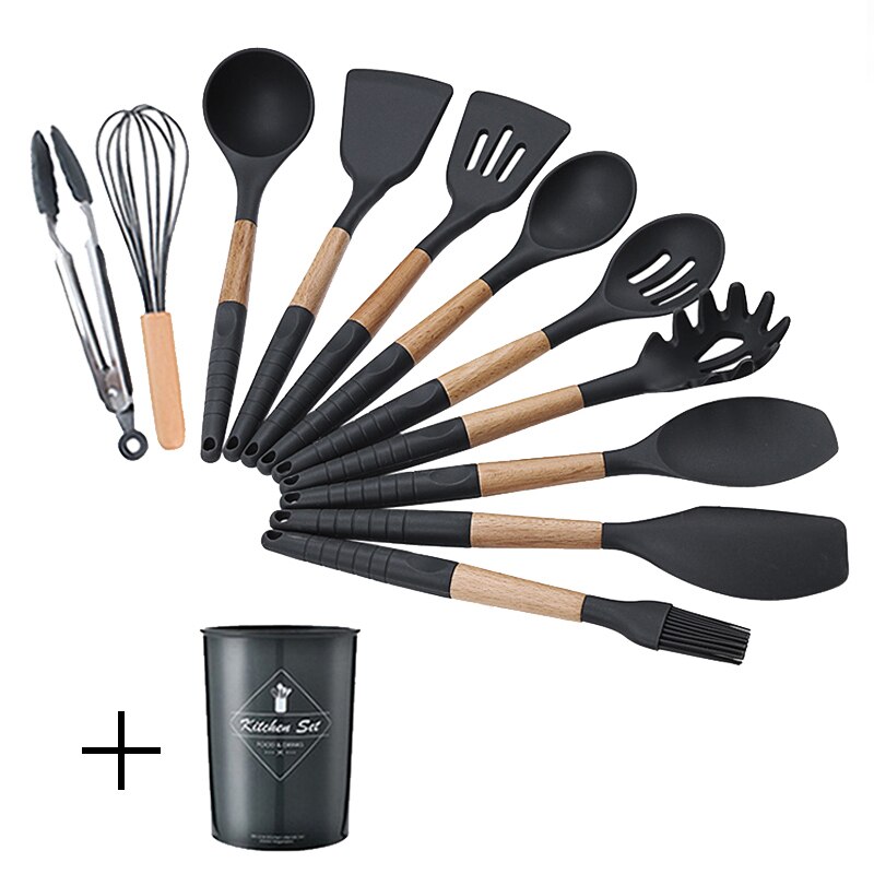12PCS Silicone Cooking Utensils High Temperature Resistance Kitchen Utensils Set with Storage Box Tongs Spatula Cookware: Dark gray 12-Pcs set