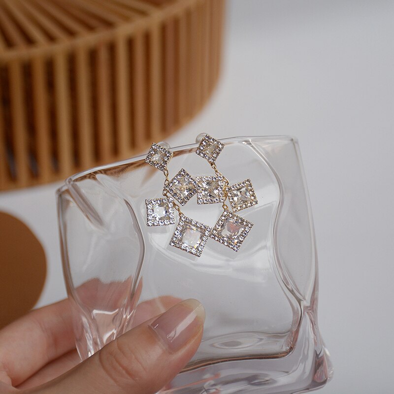 Korean Cube Geometric Earring for Women AAA Bling Top Crystal Zircon Stud Earrings Birthday Pendant