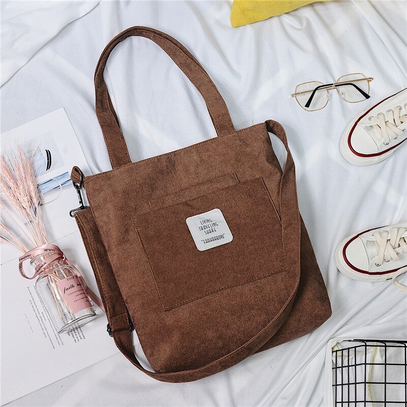 Women Warm Corduroy Tote Ladies Casual Canvas Shoulder Bag Soft Crossbody Bags Beach Bag Striped Cloth Female Handbag Books Bags: Coffee