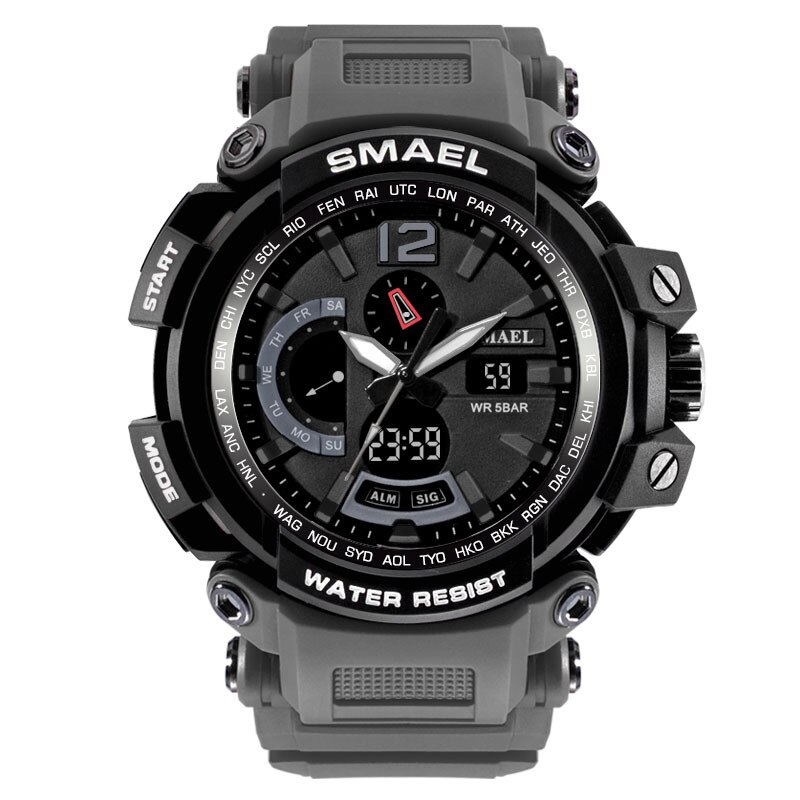 Snelle Levering Smael Mannen Sport Shock Horloge 30M Waterdicht Mannen Klok Dual Display Analoge Digitale Led Elektronische Horloges: Gray 