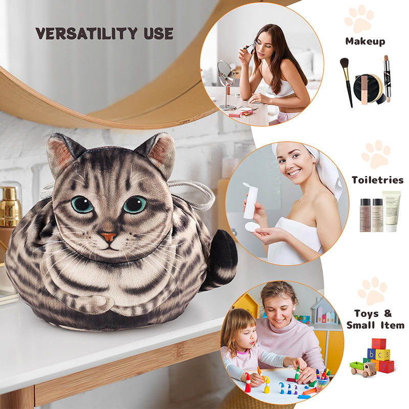 Leuke kat make-up tas trekkoord sluiting 3D kat hoofd platte cosmetische tas cadeau voor vrouwen kattenliefhebbers reisorganisator tas