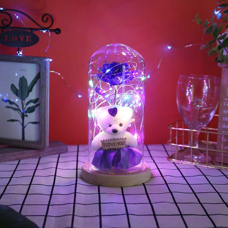 Galaxy Rose In Glass Dome With Lights Infinity Rose Flower Shines Valentine's day Best For Women Romantic