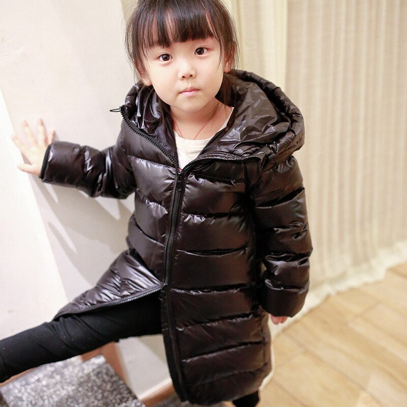 shiny down jacket winter jackets girls winter jacket boy snowsuit kids two-way zipper hooded black thichen long down jacket